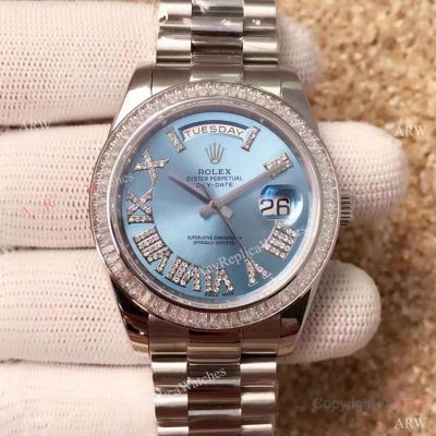 High Quality Rolex Day-Date Ice Blue 40MM Watch - Rolex Diamond Bezel Replica Watch